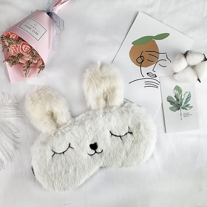 Easter Bunny Sleeping Mask, Soft Fluffy Plush Rabbit Blindfold Novelty Sleep Mask Eye Cover Eyeshade for Kids Girls Boys Women Men Night Nap Travel Meditation (White, Rabbit)