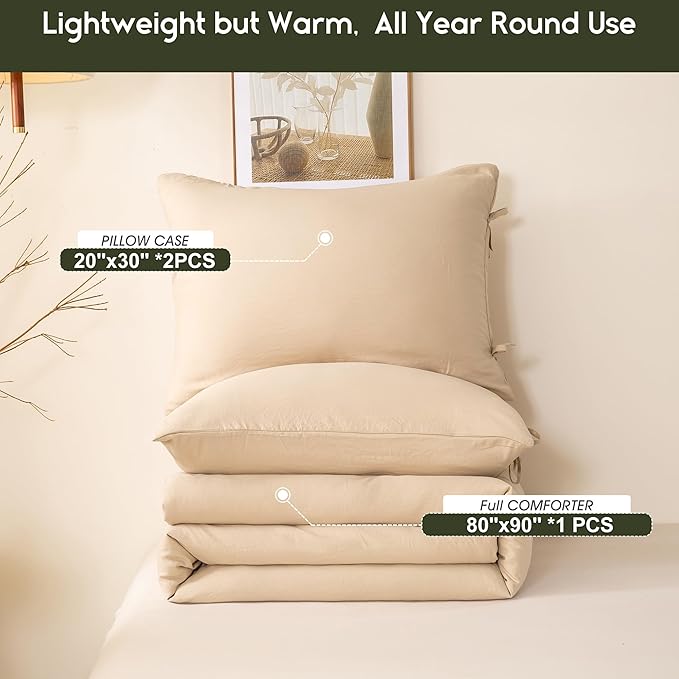 Comforter Set Full Size Bedding, Super Soft Comfy Cozy Solid Double Bed Blanket 1 Down Alternative Comforter and 2 Pillowcase Fluffy Softness Light Weight All Season Use, Khaki Beige