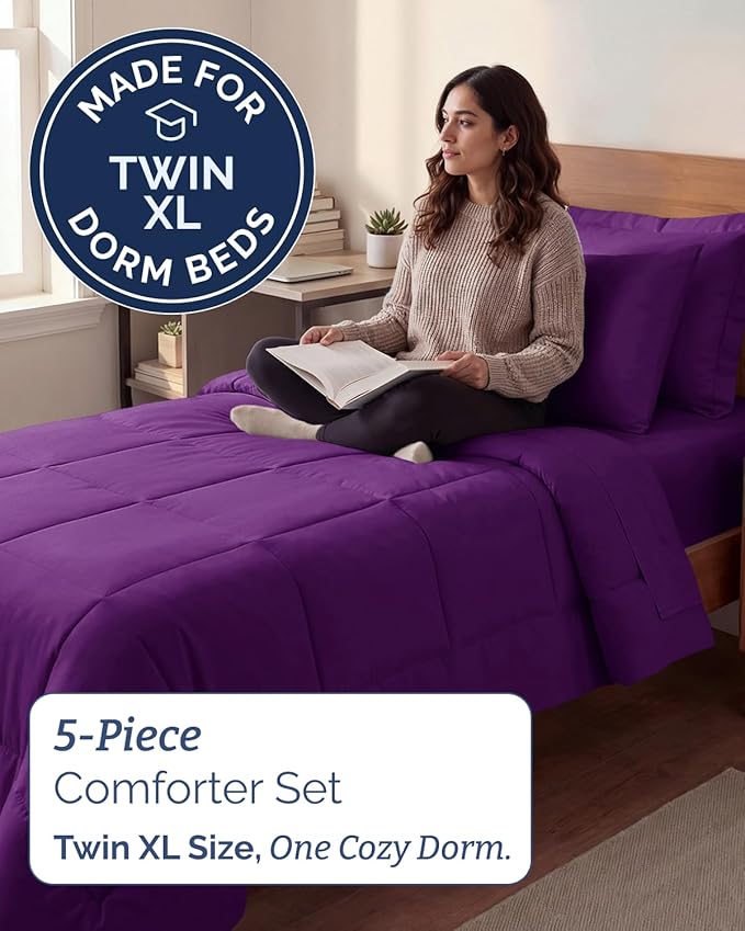 Twin XL Comforter Set - 5 Piece Bed in a Bag Twin XL Size Bed Set - Down Alternative Comforter, Flat Sheet, Fitted Sheet, Pillowcase & Sham for All Seasons - Ultra Soft, Comfy & Breathable - Purple