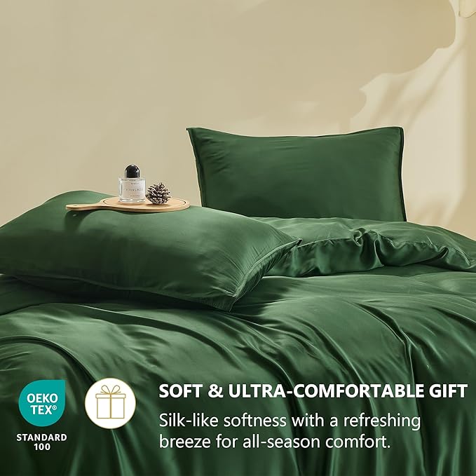 Simple&Opulence Cooling Duvet Cover Set Queen Size, 3 Pcs 100% Viscose Derived from Bamboo Hotel Luxury Silky Bedding, Breathable Soft Comforter Cover for Hot Sleeper with 2 Pillowcases(Olive Green)