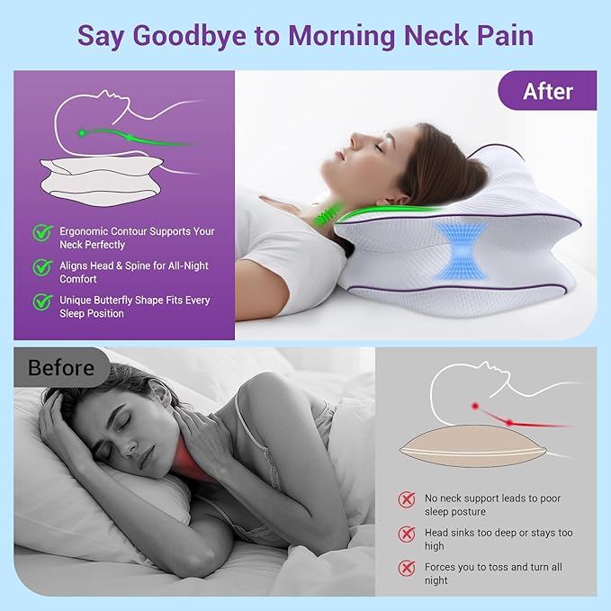 AZBESTPRO Memory Foam Cervical Pillow for Neck Support & Pain Relief, Butterfly Ergonomic Design – 24×15.75×5.7 Inches, Removable 100% Polyester Pillowcase, Suitable for Side & Back Sleepers (Purple)