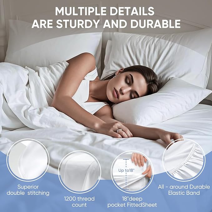 TWK 1200 TC 100% Egyptian Long-Staple Cotton Bedding Sheets Set, Luxury Hotel Style Deep Pocket with Elastic Reinforced Seams Sheet Set, Soft & Comfy Natural Sheets (White, Full)