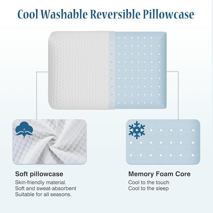 DUMOS 2 Pack Memory Foam Pillows for Sleeping, Gel Cooling Pillow for Back and Side Sleeper Support, Bed Pillows for Adults with Washable Cover and Breathable Mesh – White