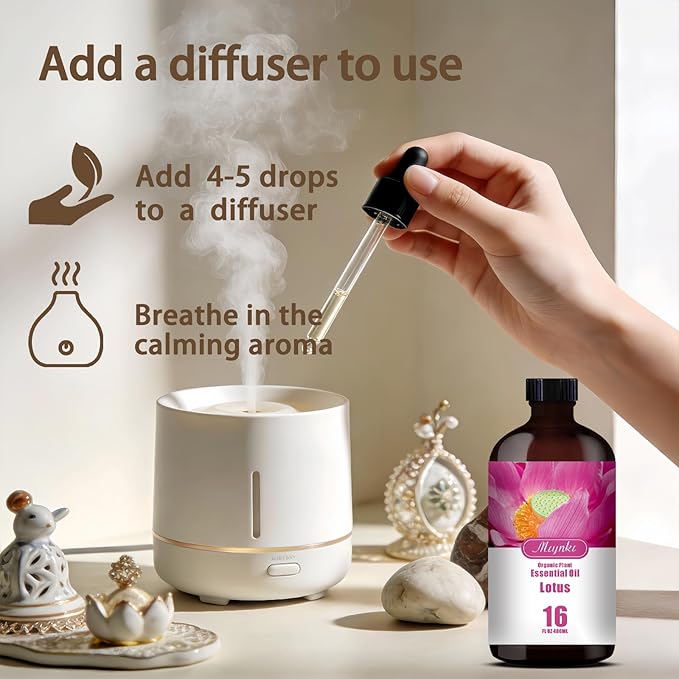 Lotus Essential Oil – MLYNKL Lotus Oils 16.33 fl oz for Diffusers, Humidifiers, Massage, DIY Candles, Soap, Cleaning, Home, Yoga, Office, Gifts - 490 ml