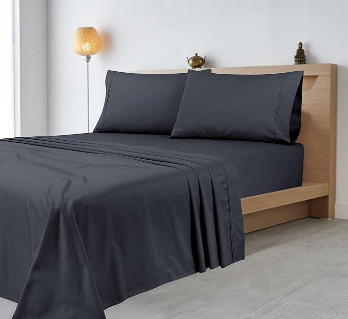 ROYALE LINENS 400 Thread Count 100% American Grown Cotton 4 Piece Sateen King Sheet Set - 1 Fitted Sheet, 1 Flat Sheet, 2 Pillow case - Grey King Bedsheet - Cotton Sheets - (King, Spanish Slate)