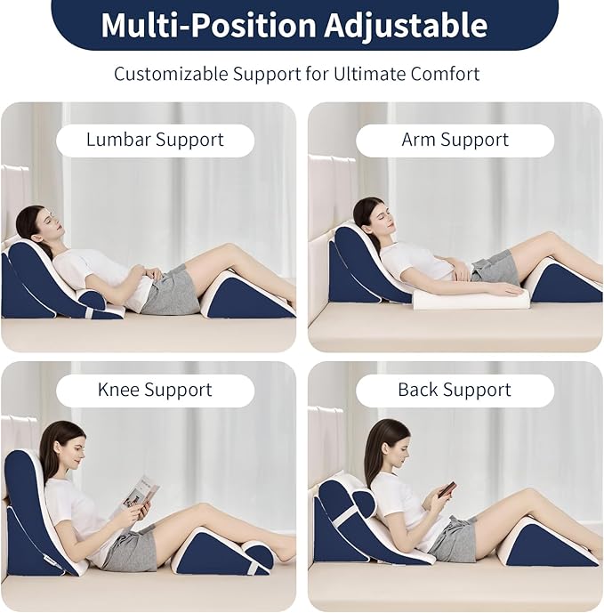 4PCS Orthopedic Bed Wedge Pillow Set for Post Surgery & Pain Relief, Adjustable Wedge Pillow for Back, Acid Reflux,Sitting up in Bed,Recovery, Snoring, Body Pillow for Sleeping (White/Navy)