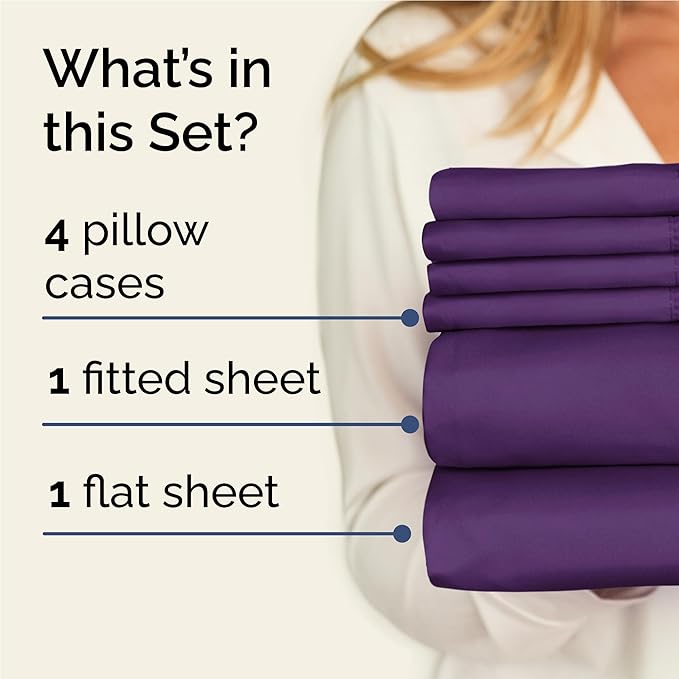 Full 6 Piece Sheet Set - Comfy, Breathable & Cooling - Hotel Luxury Bedding for Women, Men, Kids, Teens and Children - 1 Flat & 1 Fitted Sheet & 4 Pillowcases w/ Deep Pockets - Wrinkle Free - Purple