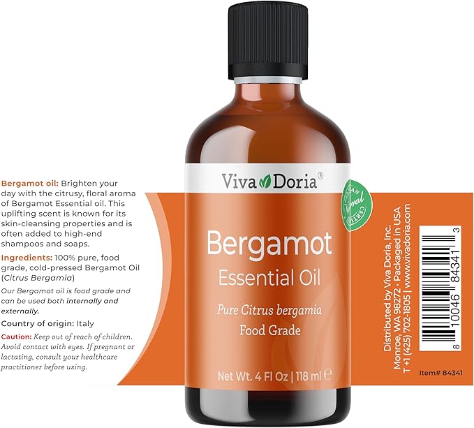 Viva Doria Bergamot Essential Oil, 100% Pure, Natural, Italian Bergamot Essential Oil, Undiluted, for Aromatherapy | Food Grade, 118 mL (4 Fluid Ounce)