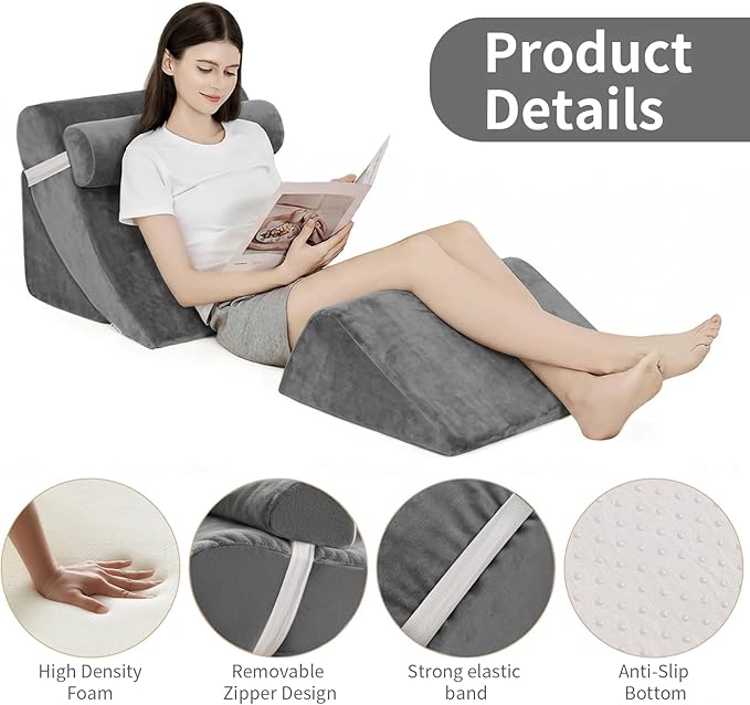 4PCS Orthopedic Bed Wedge Pillow Set for Post Surgery&Pain Relief,Adjustable Wedge Pillow for Back,Acid Reflux,Sitting up in Bed,Recovery,Snoring,Body Pillow for Sleeping (Gray)