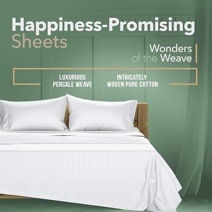 TEXAS LINEN CO. 100% Organic Cotton Printed Sheets Twin Size - 3 PC Organic Cotton Percale Sheets Twin Set (Pinstripe - Light Grey), Cooling Sheet for Dorm Room, 16" Deep Pocket - GOTS Certified