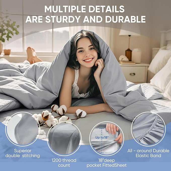 TWK 1200 TC 100% Egyptian Long-Staple Cotton Bedding Sheets Set, Luxury Hotel Style Deep Pocket with Elastic Reinforced Seams Sheet Set, Soft & Comfy Natural Sheets (Gray, Full)