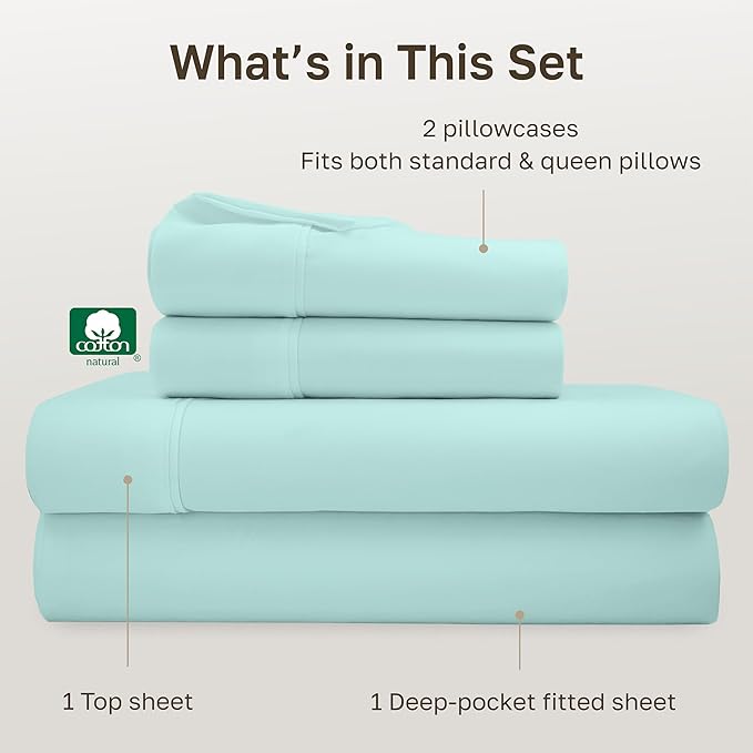 California Design Den Soft 100% Cotton Bed Sheets Queen Size Set, 400 Thread Count Good Housekeeping Award Winner, Smooth Sateen Finish with Deep Pockets, Cozy and Durable Queen Bedding Set - Seafoam