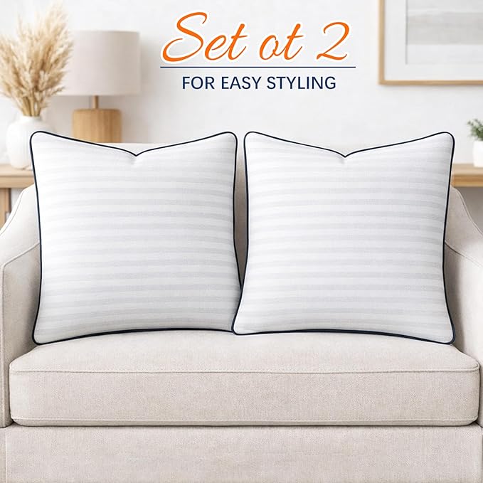 Yettbea 20x20 Inches Pillow Inserts Set of 2- Premium Soft Down Alternative Fill, Decorative Throw Pillows for Couch, Bed & Sofa, Supportive White Striped Bedroom Pillow Forms