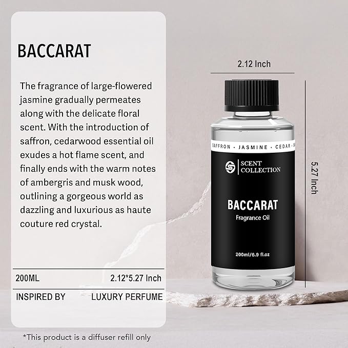 Luxury Hotel Scent Baccarat 200ml/6.76Fl oz Waterless Essential Oil NYC Hotel Scent Experience – Long Lasting Refill for Large Room & Home - Signature Saffron Cedar