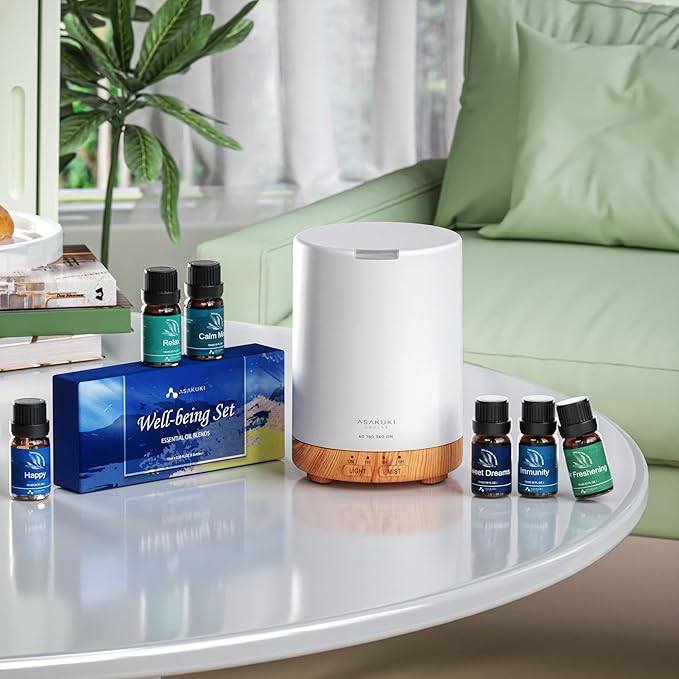 ASAKUKI Essential Oil Diffuser for Home, 300 ml Aromatherapy Diffuser with 6 Essential Oil Sets, Automatic Shut-Off, 7 LED Lights for Living Room, Bedroom, Hotel, Gift for Mom - Brown with Oils