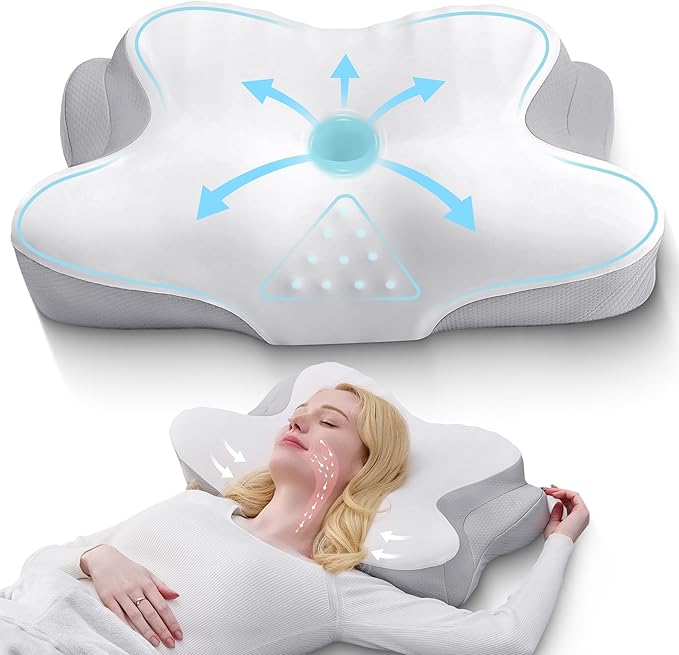 BDEUS Ergonomic Cervical Neck Pillow for Sleeping – Memory Foam Pillow with Massage Nodes for Neck Pain Relief, Side Sleeper & Back Support, CertiPUR-US Certified, White