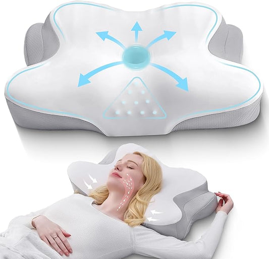 BDEUS Ergonomic Cervical Neck Pillow for Sleeping – Memory Foam Pillow with Massage Nodes for Neck Pain Relief, Side Sleeper & Back Support, CertiPUR-US Certified, White