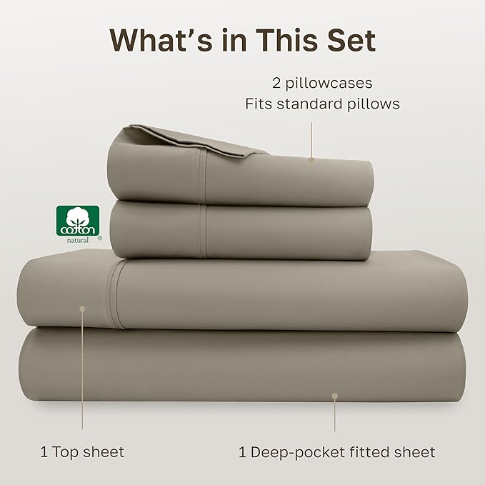 California Design Den Soft 100% Cotton Bed Sheets Full Size Set, 400 TC Good Housekeeping Award Winner, Silky Smooth Sateen Weave with Deep Pockets, Breathable and Durable Full Bedding Set - Taupe