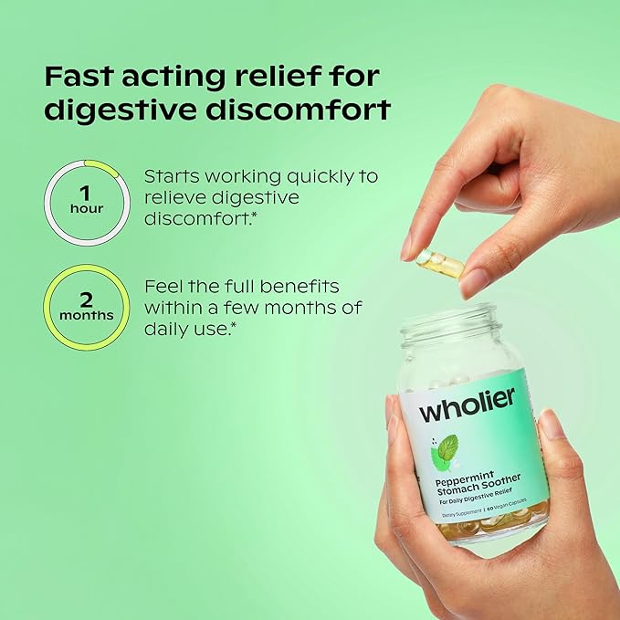 wholier Peppermint Stomach Soother with Peppermint Oil, Ginger, Fennel, Spearmint & Black Cumin Seed Oil, Bloating, Gas, Nausea & Digestive Support for Adults, Vegan, Gluten Free, 60 Dual Capsules