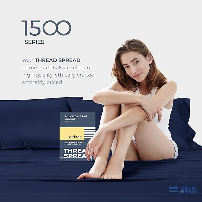 THREAD SPREAD 100% Egyptian Cotton Pillow Cases Queen Size Set of 2 - Luxury 1500 Series Queen Pillow Cases (Navy Blue), Soft Cooling Envelope Closure Hotel Quality Egyptian Cotton Pillowcases