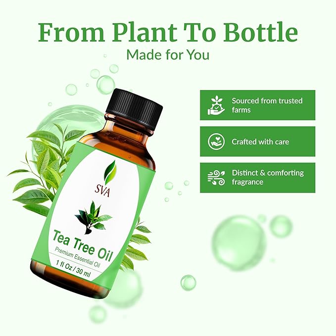 SVA Tea Tree Essential Oil – 1 Fl Oz – 100% Natural Tea Tree Oil - for Diffuser, Hair Care, Face, Skin Care, Aromatherapy, Scalp and Body Massage, Soap and Candle Making – with Dropper