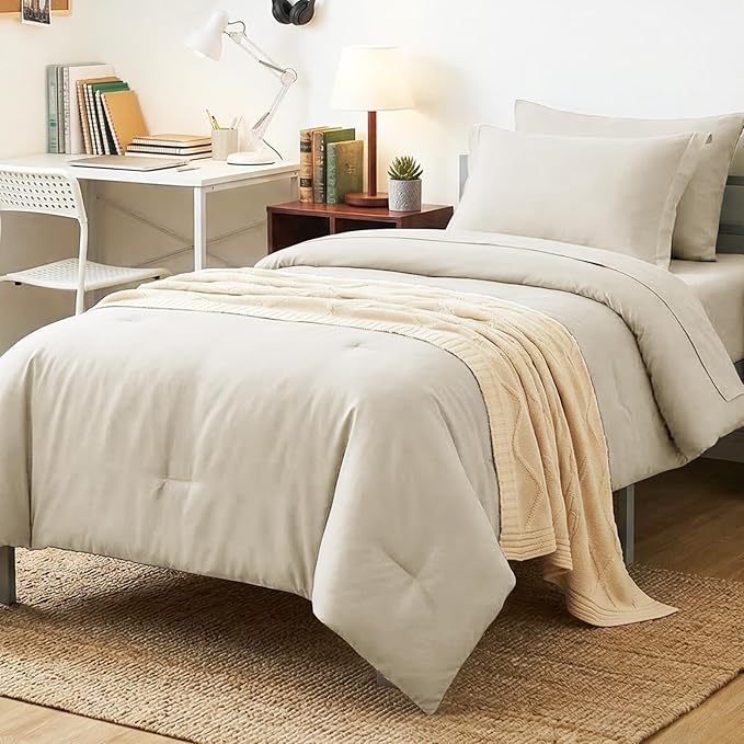 CozyLux Twin XL Comforter Set Beige, 5 Pieces Bed in a Bag Twin Extra Long Comforter Set with Sheets for College Dorm, Luxury Bedding Sets with Down Alternative Comforter, Sheets, Pillowcase & Sham