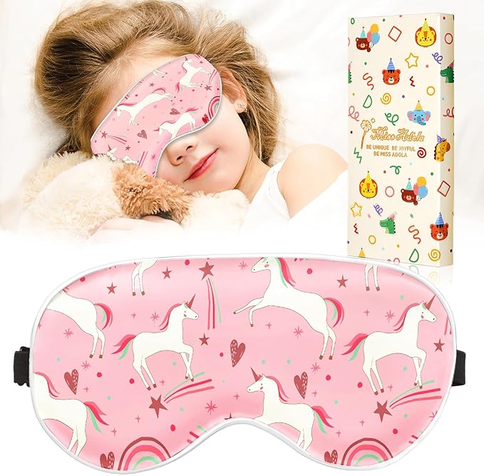 Miss Adola Sleep Mask for Kids - Cute Kawaii Cartoon Silk Sleeping Mask with Adjustable Strap Soft Smooth Light Eye Mask for Sleeping Silk Kids Eye Cover for Boys Girls Teens, PK Heart Unicorn