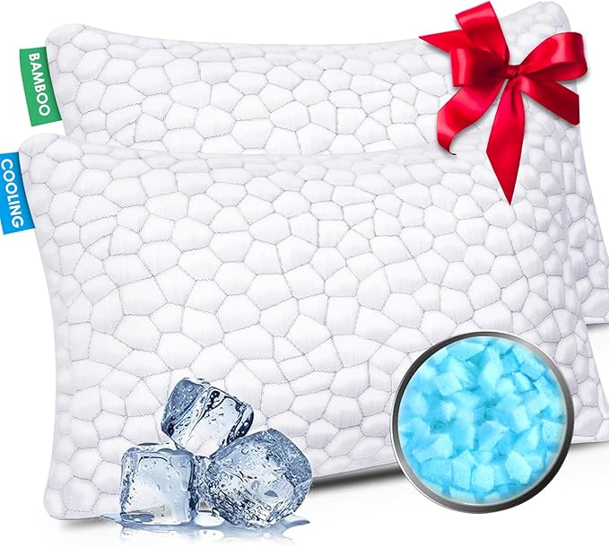 Cooling Pillow Standard Size Set of 2, CertiPUR-US Shredded Memory Foam Pillows, Cool Bed Pillows for Hot Sleepers, Adjustable Firm Pillow for Side,Back,Stomach Sleepers, Better Sleep Gifts for Mom