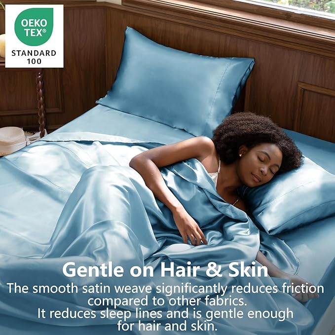 CozyLux Satin Sheets Queen Size Bed Set - 4 Piece Silky Queen Sheet Set, Luxury Sky Blue Queen Sheets with Smooth and Soft Microfiber, Includes 1 Fitted Sheet, 1 Flat Sheet and 2 Pillowcases