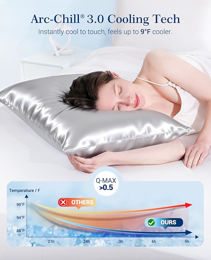 Elegear Cooling Pillow Cases Set of 2 for Hot Sleepers, Softer Than Silk Pillow Cases for Hair & Skin,Upgraded Arc-Chill Cooling Satin Pillowcases Q-max>0.5, Luxury Zipper Pillowcase Cover -Queen,Gray