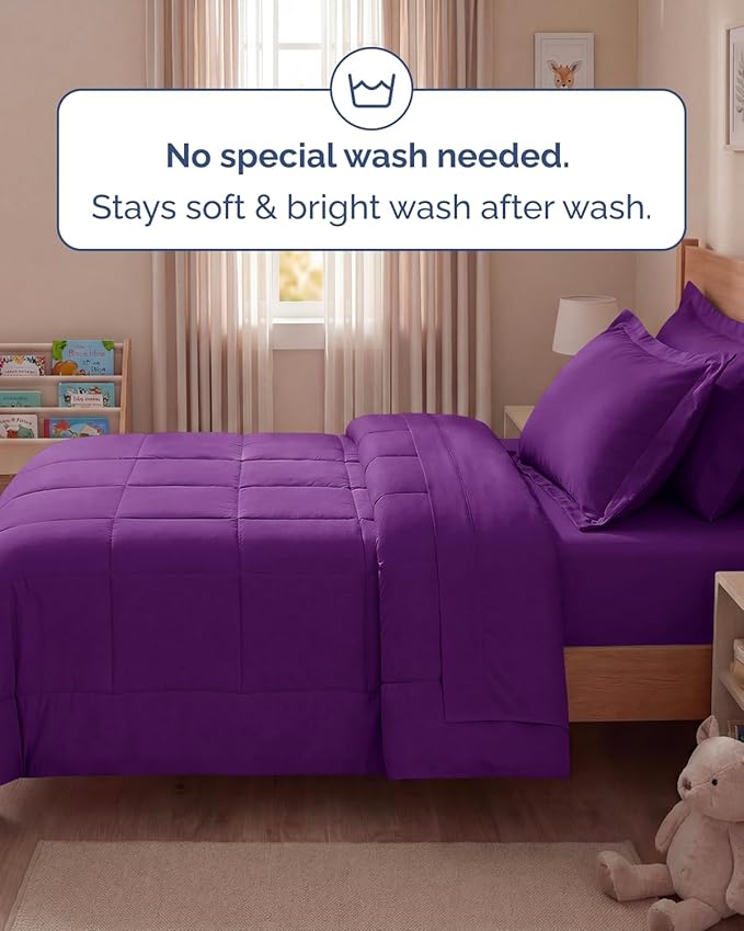 Twin Comforter Set - 5 Piece Bed in a Bag Twin Size Bed Set - Down Alternative Comforter, Flat Sheet, Fitted Sheet, Pillowcase & Sham for All Seasons - Ultra Soft, Cozy, Comfy & Breathable - Purple