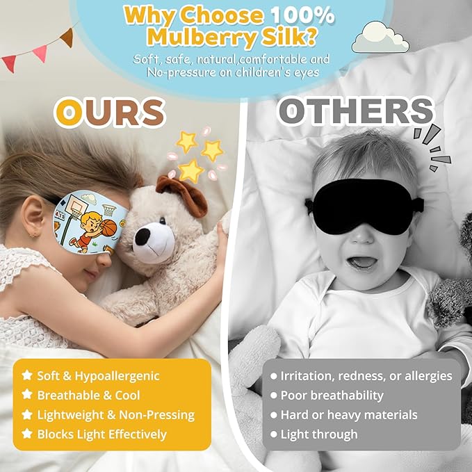 Kids Silk Sleep Mask – 100% Mulberry Silk Eye Cover, Kid Eye Mask with Adjustable Strap, Soft & Breathable Blackout Sleeping Mask for Boys and Girls Ages 5-15 (Basketball Style)