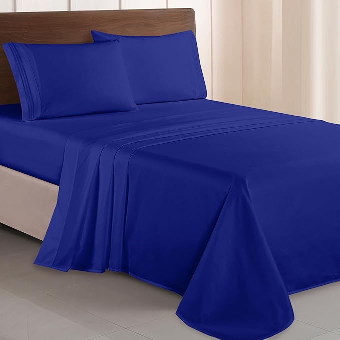 Elegant Comfort Luxurious 1500 Premium Hotel Quality Microfiber Three Line Embroidered Softest 4-Piece Bed Sheet Set, Wrinkle and Fade Resistant, Queen, Royal Blue