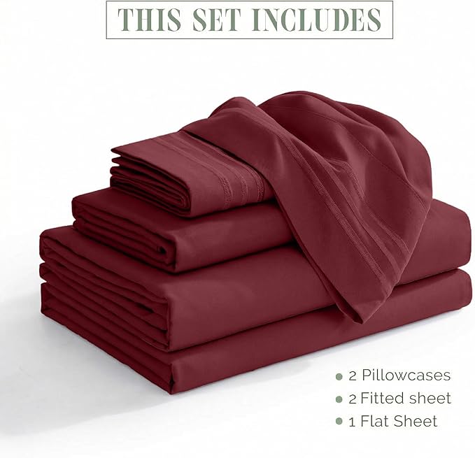 Elegant Comfort Luxurious 1500 Premium Hotel Quality Microfiber Three Line Embroidered Softest 5-Piece Bed Sheet Set, Wrinkle and Fade Resistant, Split King, Burgundy