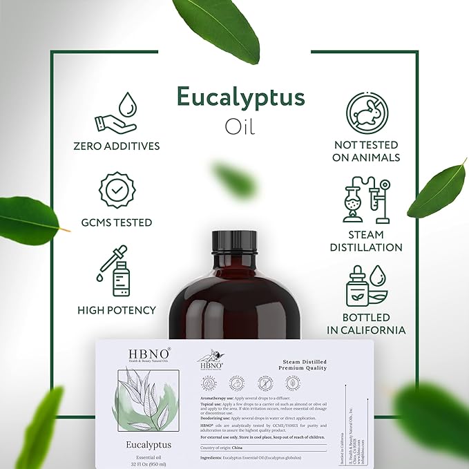 HBNO Eucalyptus Oil - 32 oz (950ml) Large Size - Ideal for Shampoos, Conditioners, Mouth Washes, Face wash, Lotions, and Skin Care Products.