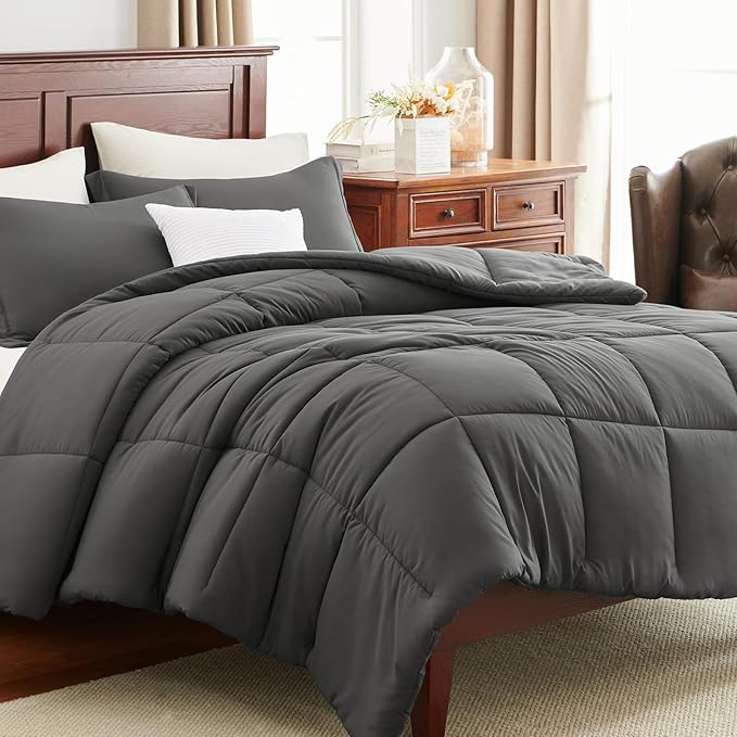 CozyLux Oversized Queen Comforter Set, 3 Pieces Dark Grey 98x98 Box Stitched Design Soft Bedding Set, All Season Lightweight Breathable Bed Set with 1 Down Alternative Comforter and 2 Pillow Shams