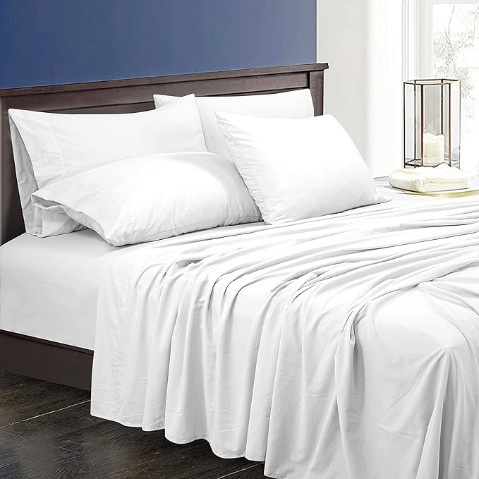 ROYALE LINENS 1500 Thread Count Poly/Cotton Cooling Sateen Sheet Set - 6 Piece Queen Bed Sheets - 1 Fitted, 1 Flat, 4 Pillow Cases -Soft Cool & Crisp Sheet Set (Queen, Bright White)