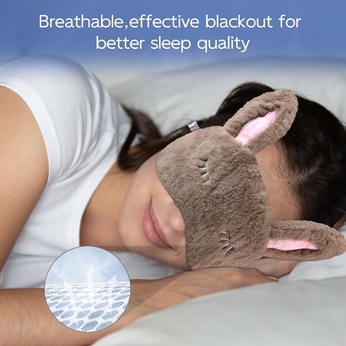Cute Animal Sleeping Mask Sleep Mask, Soft Plush Rabbit Eye Mask for Travel Nap Sleeping Blindfold Eye Cover Eyeshade for Adult Kids Girls Teens Men Women - Rabbit, Brown
