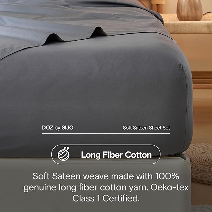 DOZ 100% Long Staple Cotton Duvet Cover Set, Soft Sateen Weave Cotton, Smooth, Breathable, Hotel Comfort, 90"x90", 8 Loops, 3pc – 2 Pillowcases 1 Duvet Cover (Storm, Full/Queen)
