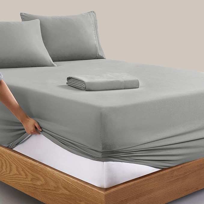 Manyshofu Extra Deep Pocket Twin Sheets Set - Hotel Luxury 1800 Thread Count Sheets & Pillowcases - Kids Bedding Set up to 24" Mattress - Silver Grey Bed Sheets 18-24 Inch Deep Pockets - 3 Piece