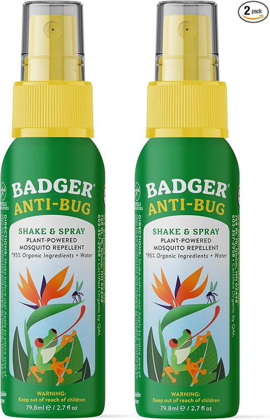 Badger Bug Spray, 3-Hour DEET-Free Mosquito Repellent, Family Friendly, Citronella & Organic Essential Oils, Natural & Vegan Insect Repellent Spray for Travel, 2.7 fl oz Aluminum Bottle, 2-Pack