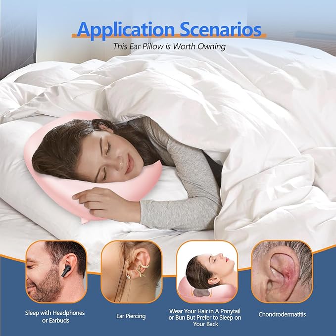 Ear Piercing Hole Pillows Side Sleeper Pillow with an Ear Hole for CNH Side Sleepers and Ear Inflammation Pressure Sores, Adjustable Cotton and Polyester Curved Side Pillow, Light Pink Silk