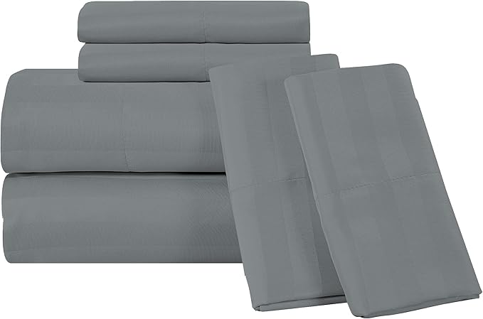 ROYALE LINENS 1500 Thread Count Sateen Dobby Stripe Poly/Cotton Sheet Set - 6 Piece Queen Bed Sheets - 1 Fitted, 1 Flat, 4 Pillow Cases -Soft Cool & Crisp Sheet Set (Queen, Monument)