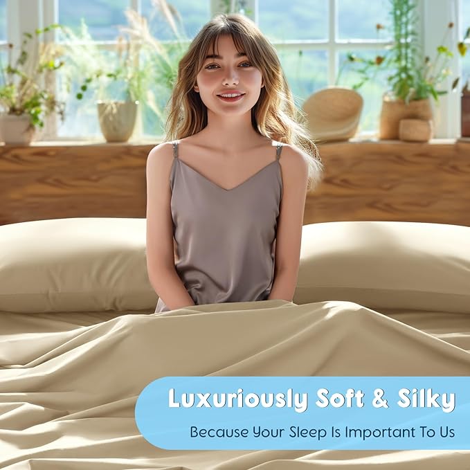 SONORO KATE 100% Egyptian Cotton Sheets Set - 1000 High Thread Count, Luxury 5-Star Hotel Sateen Bed Sheets, Soft, Breathable Long Staple Sheets, Fit up to 16" - 4 PC (Beige,Queen)