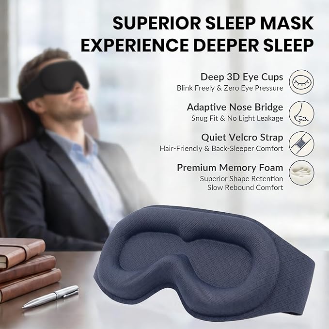 100% Blackout Sleep Mask for Men, 3D Contoured Eye Mask for Deep Sleep, No Eye & Lash Pressure, Soft Adjustable Sleeping Mask for Daytime Sleep, Business & Long Flight Travel Essential, Black