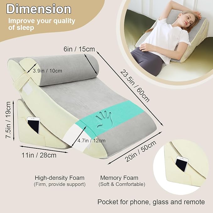 Orthopedic Bed Wedge Pillow Set - Adjustable Memory Foam for Post-Surgery Neck and Back Pain Relief Heartburn Acid Reflux Reading Sleeping Support (Light Gray)