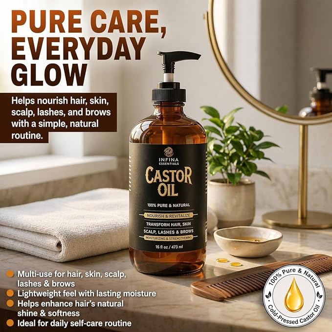 INFINA ESSENTIALS Pure Cold Pressed Castor Oil - Hexane Free, Glass Bottle for Hair Growth, Face, Scalp, Skin & Eyelashes - Nourishing and Moisturizing - 16 fl oz