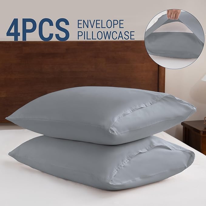 Pillowcases King 4 Pack, 20x36 Pillow Cases with Envelope Closure, Soft Plain Brushed Microfiber Covers Breathable Wrinkle-Resistant, Gray
