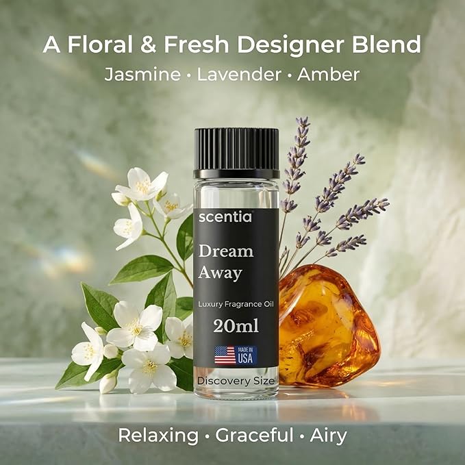 Scentia Dream Away Floral Fragrance Oil for Diffusers – Spring Summer Aromatherapy Home Scent with Jasmine, Lavender & Amber – Fragrance Oil for Ultrasonic & Cold Air Diffusers – 20 ml (0.67 fl oz)