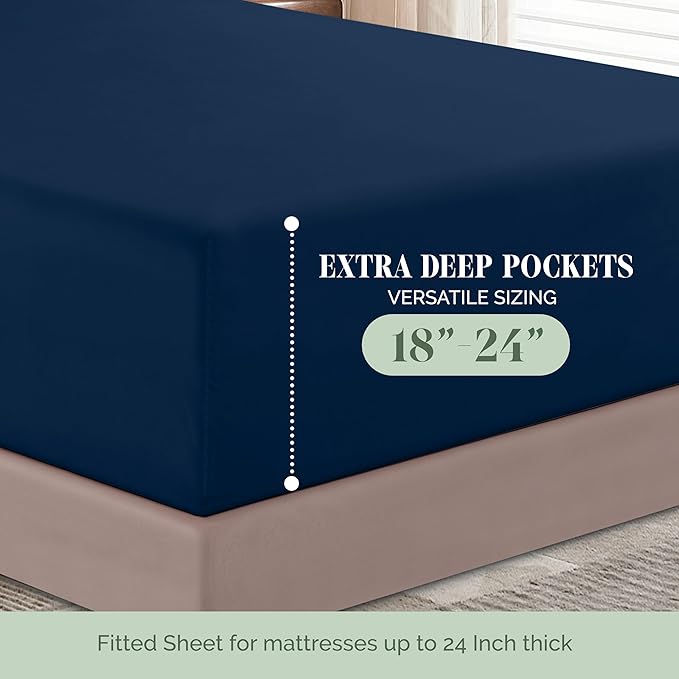 Elegant Comfort Luxury 1500 Premium Hotel Quality Microfiber 4-Piece Sheet Set - Soft, All Around Elastic 18-24 Inches Deep Fitted Sheet - Extra Deep Pocket Sheets, Full, Navy Blue